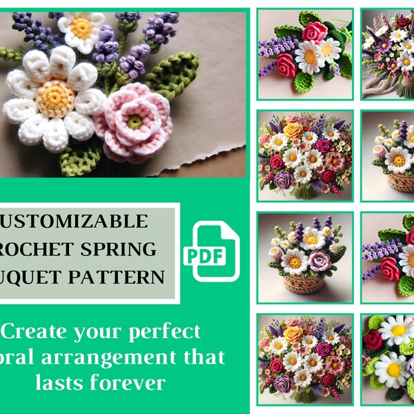 Modèle PDF de bouquet au crochet - ambiance printanière - bouquet personnalisable, créez votre arrangement parfait avec des marguerites, des roses, de la lavande et des feuilles