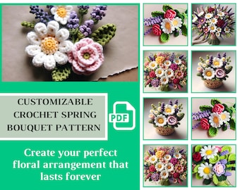 Modèle PDF de bouquet au crochet - ambiance printanière - bouquet personnalisable, créez votre arrangement parfait avec des marguerites, des roses, de la lavande et des feuilles