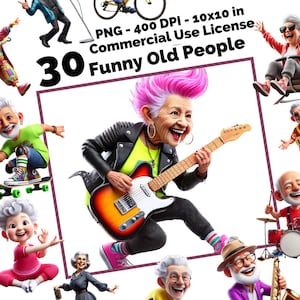 Peut inclure: Une collection de 30 illustrations humoristiques de personnes âgées dans diverses poses et activités. Les illustrations sont dans un style cartoon coloré et présentent une variété de personnages, dont une femme jouant de la guitare électrique, un homme faisant du skateboard et une femme faisant du yoga. Les illustrations sont parfaites pour ajouter une touche d'humour à tout projet.