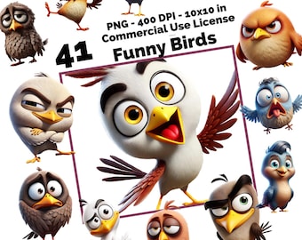Funny Birds Clipart: 41 Whimsical PNG Images (Commercial Use)