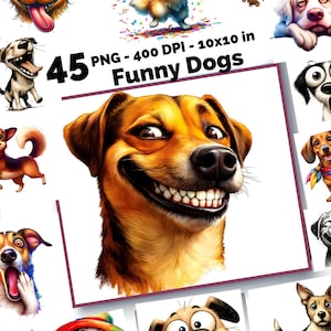 Funny Dog Images Pack of 45 PNG - High Resolution 400 DPI, 10x10 Inches - Lifetime Access Dog Bundle - Pet Clipart - Commercial Use License