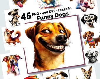 Funny Dog Images Pack of 45 PNG - High Resolution 400 DPI, 10x10 Inches - Lifetime Access Dog Bundle - Pet Clipart - Commercial Use License