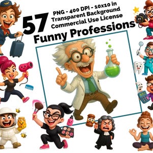 Puede incluir: Una colección de 57 ilustraciones de dibujos animados que representan diversas profesiones divertidas. Las imágenes incluyen una azafata, un científico, un fotógrafo, un dentista, un juez, un instructor de yoga y otros. El texto en la imagen dice "Funny Professions".