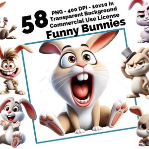 Conejitos divertidos PNG Clipart – 58 lindas y divertidas imágenes de conejos, conejitos de dibujos animados PNG, descarga digital, imágenes prediseñadas de sublimación, arte de conejitos de Pascua