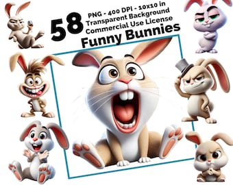 Funny Bunnies PNG Clipart – 58 Cute & Hilarious Rabbit Images, Cartoon Bunny PNG, Digital Download, Sublimation Clipart, Easter Bunny Art