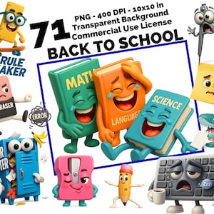 Może przedstawiać: Kolorowa ilustracja z postaciami o tematyce szkolnej. Zawiera linijkę na deskorolce, śmiejące się książki z napisami "Math", "Language" i "Science" oraz zrzędliwą klawiaturę. Tekst brzmi "Back to School".