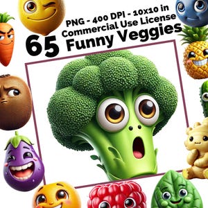 Funny Vegetables 65 PNGs - Cartoon Veggie Clipart with Expressive Faces for Digital Design, Education, and Crafts - High-Resolution 10x10
