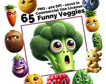 Funny Vegetables 65 PNGs - Cartoon Veggie Clipart with Expressive Faces for Digital Design, Education, and Crafts - High-Resolution 10x10
