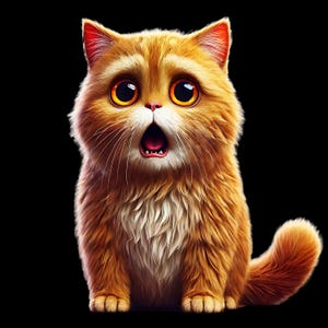 May include: A close-up of a ginger cat with wide, surprised eyes and an open mouth. The cat has a fluffy, orange and white coat and is sitting on a black background.