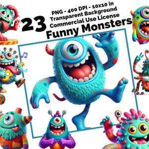 Mostro divertente PNG - 23 Clipart di mostri carini, sfondo trasparente 400 DPI, download digitale, illustrazioni di mostri dei cartoni animati. Stravagante