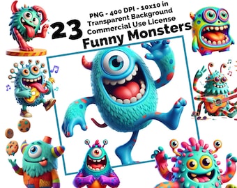 Funny Monster PNGs - 23 Cute Monster Clipart, 400 DPI Transparent Background, Digital Download, Cartoon Monster Illustrations. Whimsical