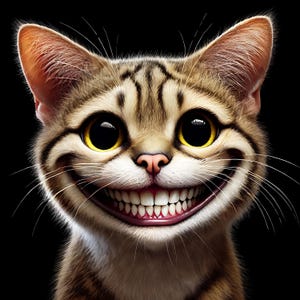 May include: A close-up of a tabby cat with a wide, toothy grin. The cat has large, round, yellow eyes and a pink nose. The cat's fur is a mix of brown, black, and white.
