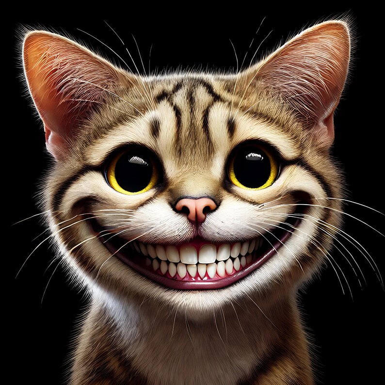 May include: A close-up of a tabby cat with a wide, toothy grin. The cat has large, round, yellow eyes and a pink nose. The cat's fur is a mix of brown, black, and white.