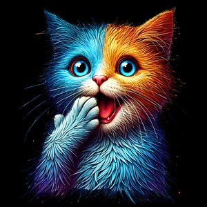 May include: A colorful, cartoon-style cat with blue and orange fur. The cat has blue eyes and is smiling with its mouth open. The cat's paw is raised to its mouth, as if it is about to lick it.
