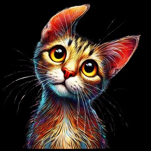 May include: A colorful, stylized illustration of a cat with large, bright yellow eyes, looking up and to the left. The cat's fur is a mix of orange, yellow, and red, with black stripes. The background is black.