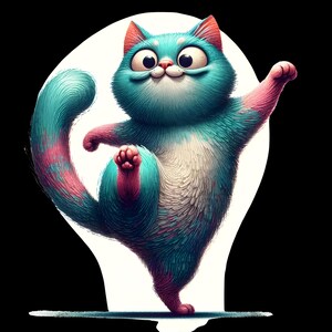 May include: A blue and pink cartoon cat with large eyes and a wide smile stands on one leg, with its other leg raised in the air. The cat has a white belly and a fluffy tail.