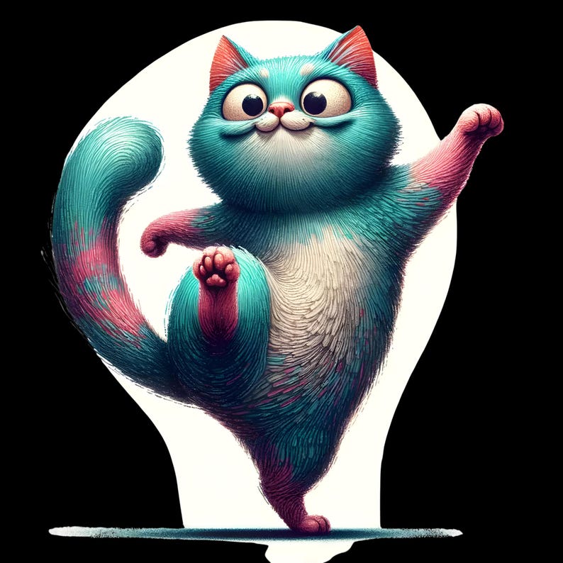 May include: A blue and pink cartoon cat with large eyes and a wide smile stands on one leg, with its other leg raised in the air. The cat has a white belly and a fluffy tail.