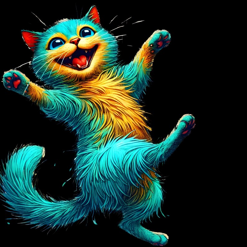 May include: A blue and yellow cat with a wide, toothy grin, leaping with its paws outstretched. The cat's fur is a vibrant blue with yellow highlights, creating a striking contrast against the black background.