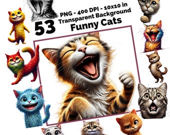 Funny Cat Images Pack of 53 PNG - High Resolution 400 DPI, 10x10 Inches - Lifetime Access Cat Bundle-Clipart Bundle - Commercial Use License