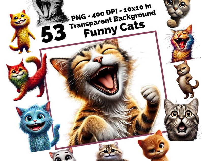 May include: A collection of 53 digital images of funny cats with transparent backgrounds. The cats are in various poses and expressions, including laughing, smiling, and sticking out their tongues. The images are PNG format and 400 DPI, with a size of 10x10 inches.