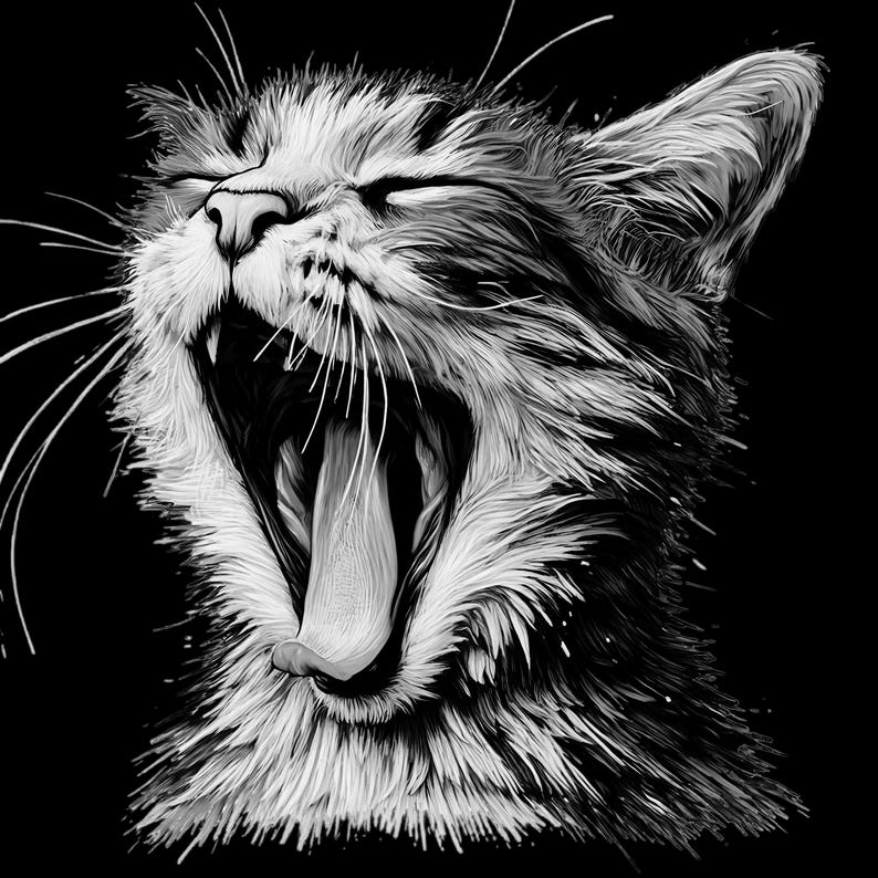 May include: A black and white illustration of a cat yawning with its mouth wide open. The cat's fur is detailed with individual hairs and its eyes are closed.