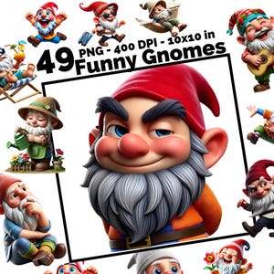 Paquete de 49 gnomos divertidos PNG de alta resolución de 400 DPI, 10 x 10 pulgadas, acceso de por vida, paquete de imágenes prediseñadas de gnomos de jardín, licencia de uso comercial