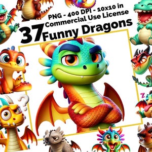 Lustige Drachen Clipart Bilder | 37 süße Cartoon Drachen PNG | 400 DPI, 10 x 10 Zoll | Digitaler Download für Handwerk, Aufkleber, kommerzielle Lizenz