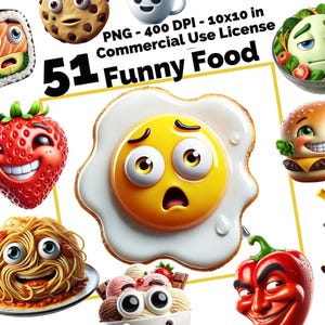 Clipart nourriture drôle, 51 images PNG de haute qualité, 400 ppp, personnages de nourriture mignons et comiques | 10 x 10 po | Licence d'utilisation commerciale - Fond transparent