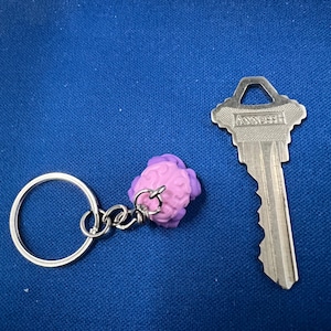 May include: A silver key chain with a purple and pink flower charm. The key chain is attached to a silver key with the word "ACCESS" engraved on it.