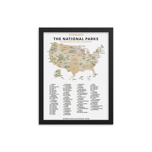 Mapa enmarcado de la lista de verificación de parques nacionales: impresión lista para colgar con calidad de museo para decoración del hogar y la oficina