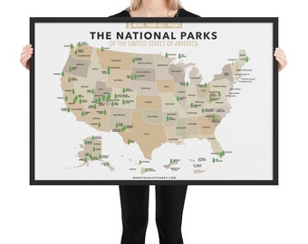 Framed US National Parks Map 24x36 by More Than Just Parks - High-Quality Print with Glossy/Matte Finish, Elegant Wood Frame