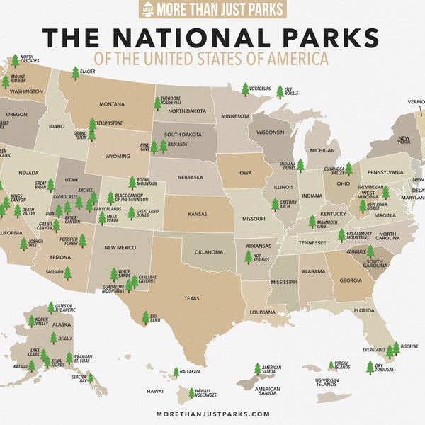 US National Parks Map Digital Download by More Than Just Parks - High Resolution Downloadable Poster, National Park Wall Art