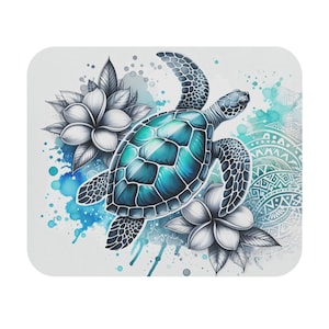 Turtle Artwork Mouse Pad, Coastal Desk Accessory for Ocean Lovers, Beach Themed Gift, Floral Mousepad, Unique Office Decor