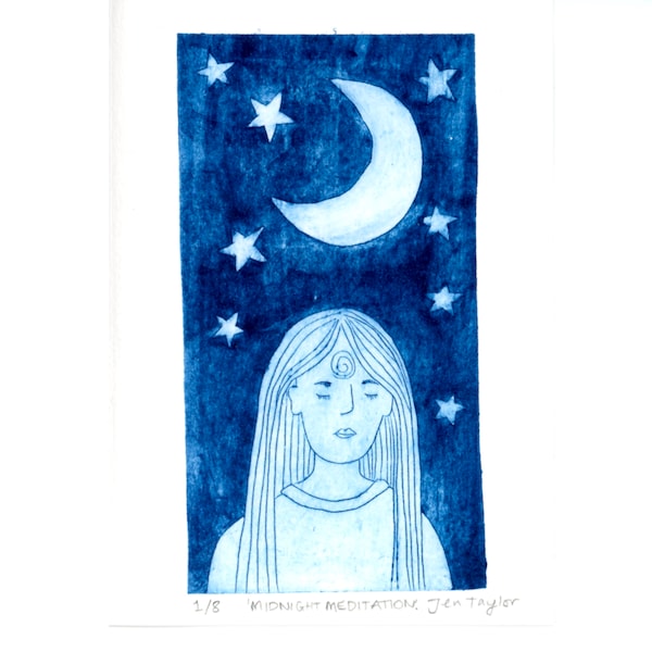 Midnight meditation drypoint print. Limited edition Tetra Pak print. Blue print. Intaglio print.