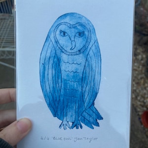 Blue owl etching. Tetrapak print. Handprinted Owl.