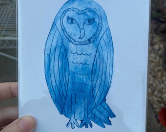 Blue owl etching. Tetrapak print. Handprinted Owl.