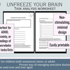 May include: A printable worksheet titled "Unfreeze Your Brain: Task Analysis Worksheet" with a pink background and black text. The worksheet is designed to help people break down tasks into smaller steps to manage overwhelm. It is perfect for people with ADHD, anxiety, or feelings of overwhelm related to tasks and lists. The worksheet is great for children, teens, or adults.