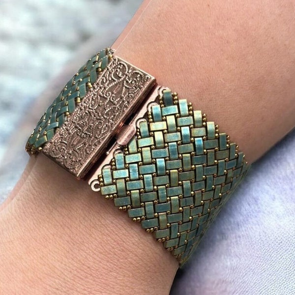 Green & Copper Tila Bead Arm Band - Hand Woven Friendship Gift - Handmade Green Bead Bracelet for Unique Jewelry Lovers