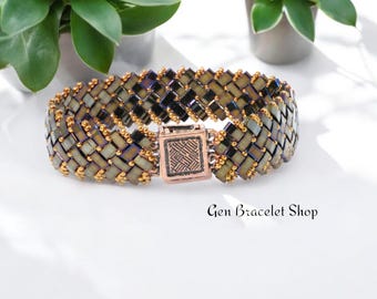 Handmade Brown Tila Bead Bracelet, Adjustable Boho and Minimalist Jewelry, Herringbone Design with Silver Miyuki Beads, Trendy Tila Bracelet