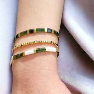 Christmas Tila Bracelet Set | Minimalist Tile Beaded Stacking Bracelet | Women&#39;s Jewelry Gift