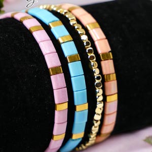 Tila Beaded Stretch Bracelet Set | Minimalist Square Tile Beads | Stacking Bracelet Jewelry Gift for Her