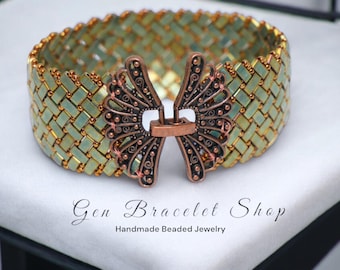 Handmade Green Miyuki Tila Herringbone Bracelet - Unique Glass Bead Boho Jewelry