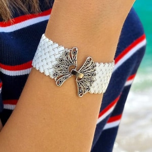 Handmade White Tila Bead Bracelet, Herringbone Design with Silver Miyuki Beads, Adjustable Boho and Dainty Jewelry, Trendy Miyuki Bracelet