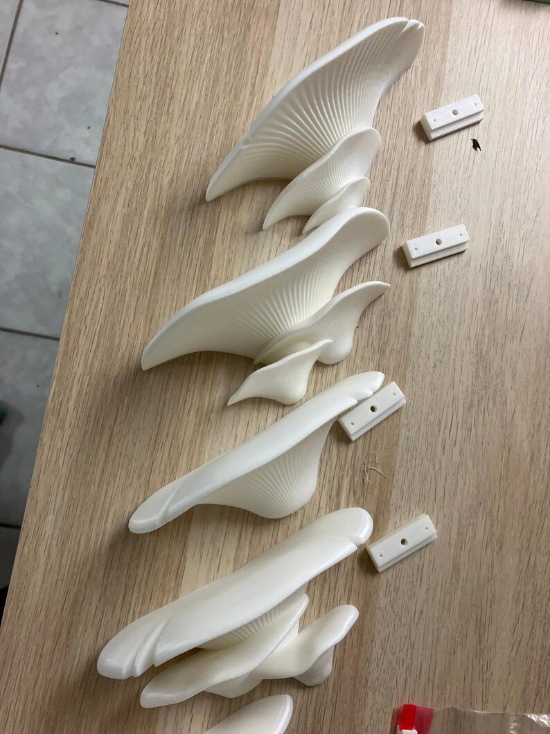May include: Five white ceramic wall sconces with a unique, organic, mushroom-like design. Each sconce has a different size and shape, and they are all arranged in a row on a wooden surface. There are also five white plastic mounting plates.