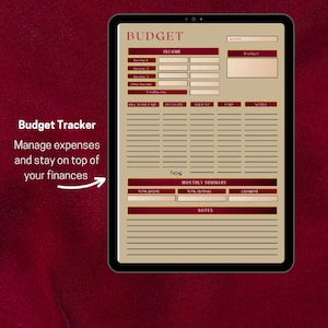 May include: A digital budget tracker displayed on a tablet. The screen shows a detailed financial planning template with sections for income, expenses, and monthly summaries. Text on the screen reads "Budget Tracker" and "Manage expenses and stay on top of your finances."