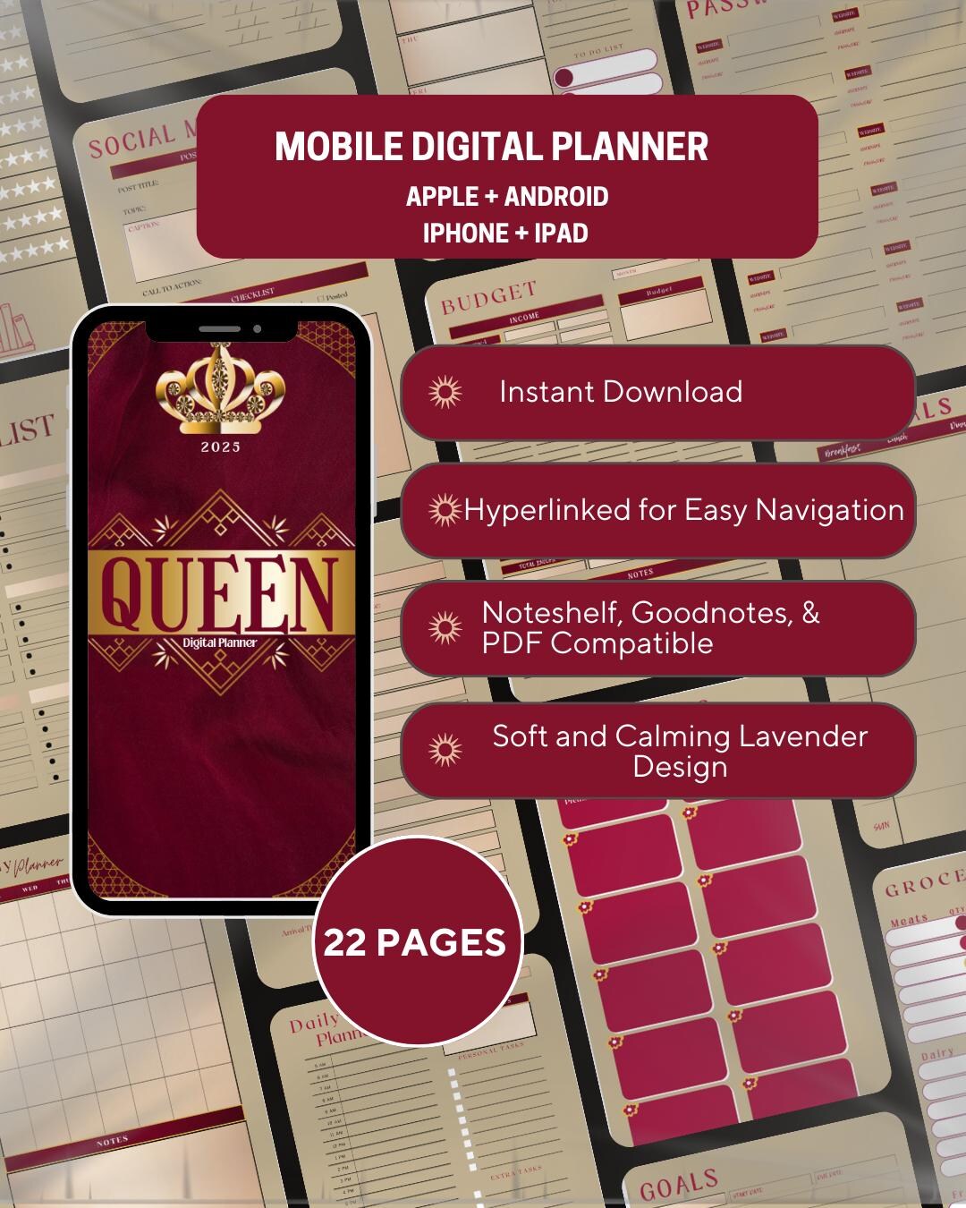 Queen Digital Planner | 22-page Aesthetic Productivity & Self-care ...