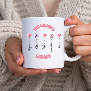 Mother&#39;s Day Personalized Birth Flower Mug, Gift for Grandma, Custom The Grand Garden Coffee Mug, Coffee Cup Gift With Children&#39;s Names