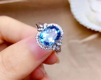 Anillo Zafiro Natural de Oro Blanco de 14K para regalo, Anillos De boda, piedras preciosas, estilo Topacio Azul Nature, pequeños diamantes.