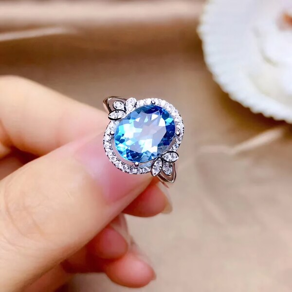 Anillo Zafiro Natural de Oro Blanco de 14K para regalo, Anillos De boda, piedras preciosas, estilo Topacio Azul Nature, pequeños diamantes.