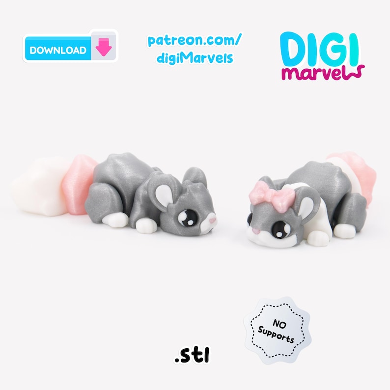 K&ouml;nnte beinhalten: Zwei kleine, bewegliche Mausfiguren in Grau und Wei&szlig; mit rosa Akzenten. Eine Maus hat eine rosa Schleife auf dem Kopf. Das Bild enth&auml;lt den Text: DOWNLOAD, patreon.com/digiMarvels, DIGI marvels, .stl und NO Supports in einem gewellten Abzeichen.